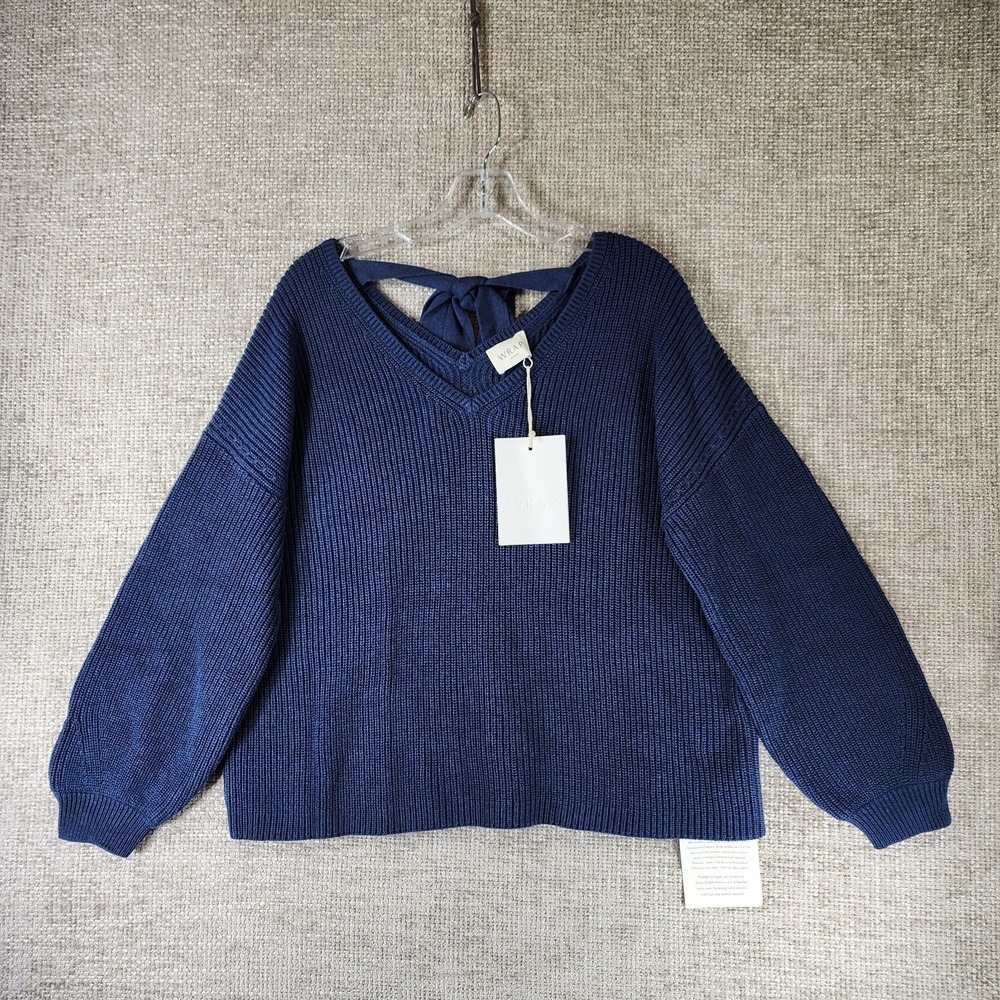 NWT Wrap London 100% Cotton Knit Sweater Womens 8/10 Navy Boxy Vneck Tie Back